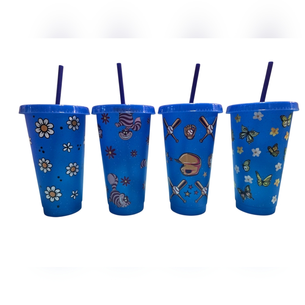 Hand Crafted Blue Tumbler Set with Purple Straws